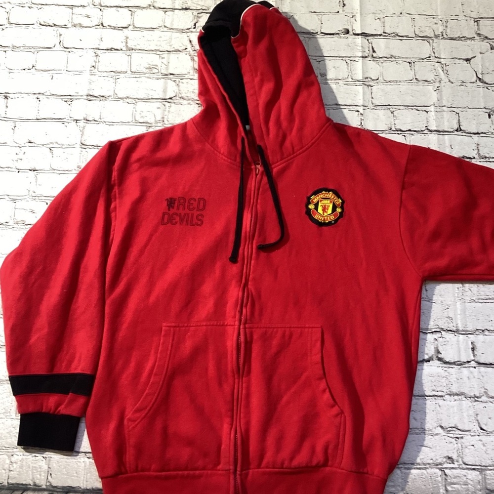 Manchester United Red Devils Full Zip Hoodie Red Embroidered Soccer Jacket XL